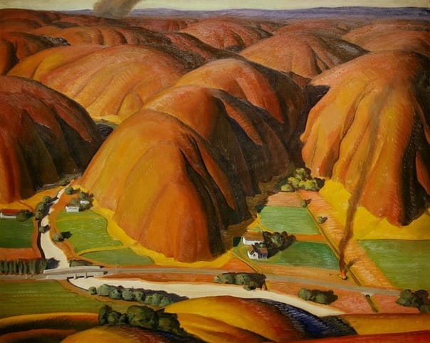 Californian artist Ross Dickinson dramatized his home state’s eternal confrontation of nature and man by exaggerating the steep slopes of the hills and the harsh contrast between the dry red wilderness and the green cultivated land (1934). CREDIT: FLICKR/ CLIFF